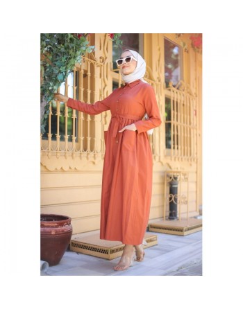 Robe chemise longue avec ceinture et grandes poches (Vetement ample pour femme voilée) - Couleur brique 