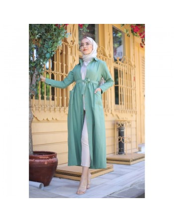 Robe chemise longue avec ceinture et grandes poches (Vetement mastour pour femme voilée) - Couleur vert 