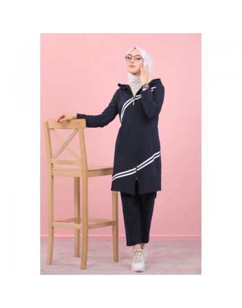 Ensemble survêtement islamique à capuche et bandes blanches pour femme voilée - Couleur bleu marine 
