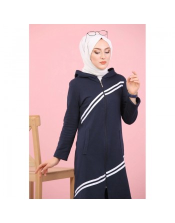 Ensemble survêtement islamique à capuche et bandes blanches pour femme voilée - Couleur bleu marine 