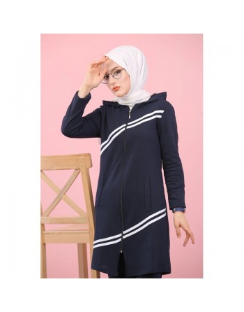 Ensemble survêtement islamique à capuche et bandes blanches pour femme voilée - Couleur bleu marine 
