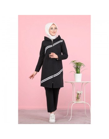 Ensemble survêtement Hijab à capuche et bande blanche pour femme voilée (Hoodies and oversized sweaters) - Couleur noir 