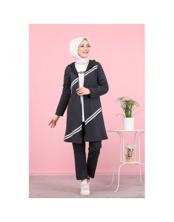 Ensemble survêtement à capuche et bandes pour femme musulmane - Couleur anthracite 