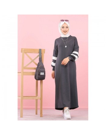 Robe longue look sportswear moderne pour femme musulmane (Robes coton hijab pas cher) - Couleur gris anthracite 