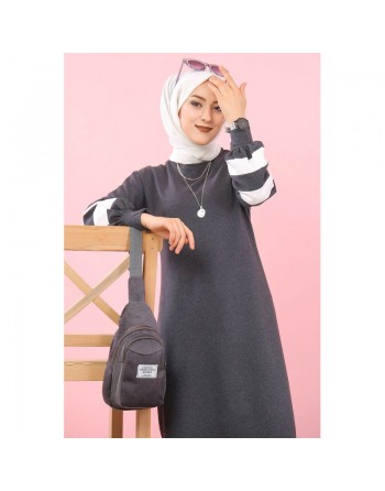 Robe longue look sportswear moderne pour femme musulmane (Robes coton hijab pas cher) - Couleur gris anthracite 