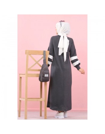 Robe longue look sportswear moderne pour femme musulmane (Robes coton hijab pas cher) - Couleur gris anthracite 