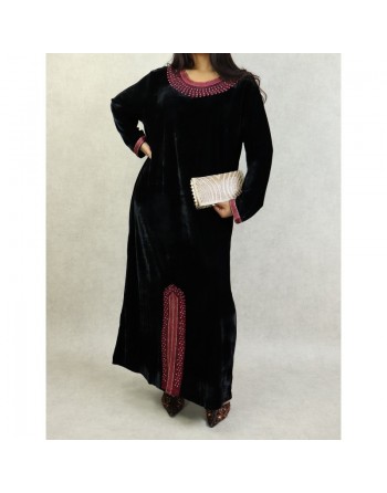 Robe arabe traditionnelle en velours brodée pour femme (Saison Automne-Hiver) - Couleur Noir 