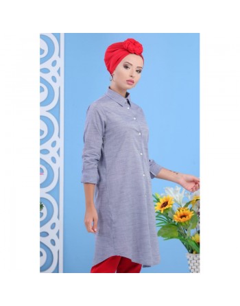 Chemise longue femme à fines rayures bleues et grises 