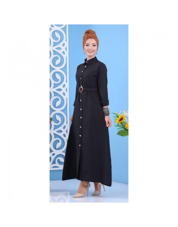 Robe longue boutonné avec ceinture - Couleur Noir (Vetement mastour pour femme) 