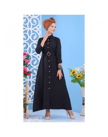 Robe longue boutonné avec ceinture - Couleur Noir (Vetement mastour pour femme) 