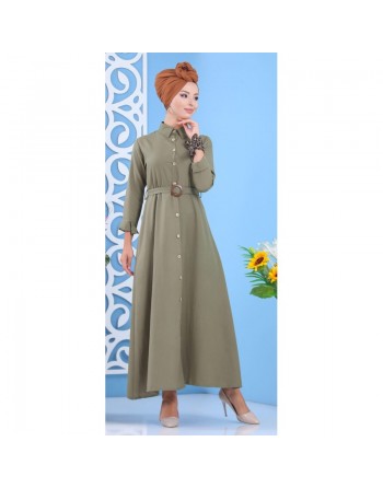 Robe longue boutonné avec ceinture - Couleur Kaki 