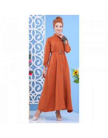 Robe longue boutonné avec ceinture - Tenue de ville pour femme - Couleur Rouille 