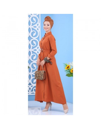 Robe longue boutonné avec ceinture - Tenue de ville pour femme - Couleur Rouille 