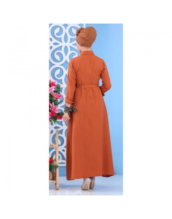 Robe longue boutonné avec ceinture - Tenue de ville pour femme - Couleur Rouille 