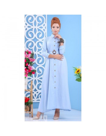 Robe longue boutonné avec ceinture pour femme - Couleur Bleu ciel (Vetement femme moderne et chic pour la ville) 