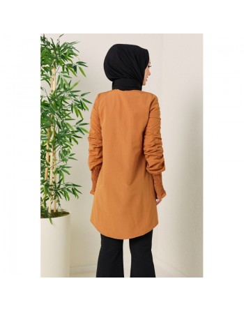 Chemise longue manche plissée à l'élastique (Vêtement pour Hijab - Mode 2024) - Couleur tabac 