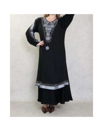 Robe Abaya ample Dubaï noire de qualité avec nombreuses broderies et strass idéale pour la fête de l'Aïd 
