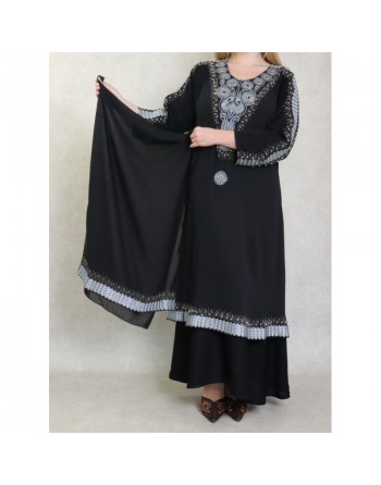 Robe Abaya ample Dubaï noire de qualité avec nombreuses broderies et strass idéale pour la fête de l'Aïd 