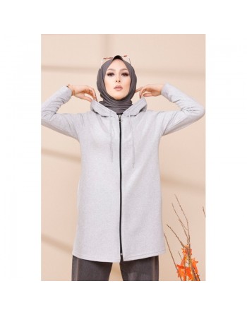 Cardigan zippé pour femme (Vêtement moderne hijab 2024) - Couleur gris clair 
