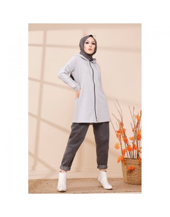 Cardigan zippé pour femme (Vêtement moderne hijab 2024) - Couleur gris clair 