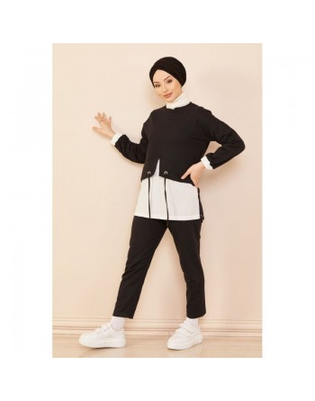 Ensemble décontracté tunique et pantalon pour femme (Vêtement moderne - Collection 2024) - Couleur blanc noir 