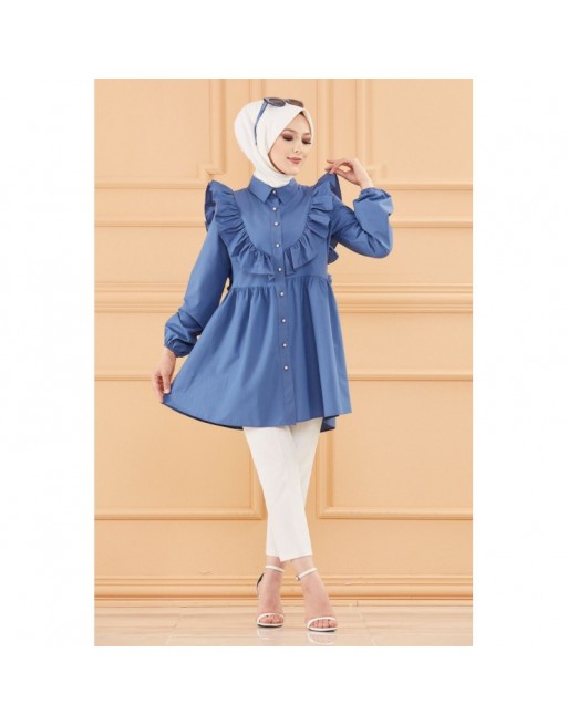 Tunique chemise habillée pour femme (Vêtement Hijab Mode) - Couleur bleu indigo Tunique chemise habillée pour femme (Vêtement Hijab Mode) - Couleur bleu indigo
