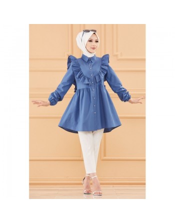 Tunique chemise habillée pour femme (Vêtement Hijab Mode) - Couleur bleu indigo 