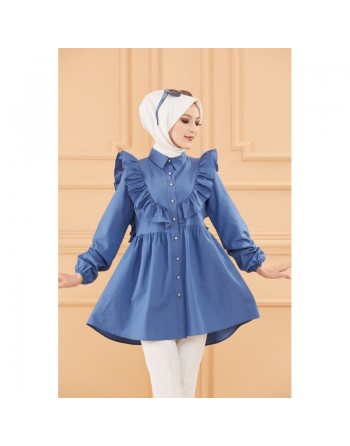 Tunique chemise habillée pour femme (Vêtement Hijab Mode) - Couleur bleu indigo 