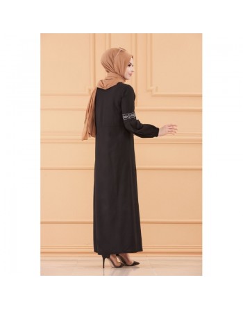 Robe longue brodée pour femme musulmane (Modèles de Robes Style Classique pour Hijab 2024) - Couleur noir 