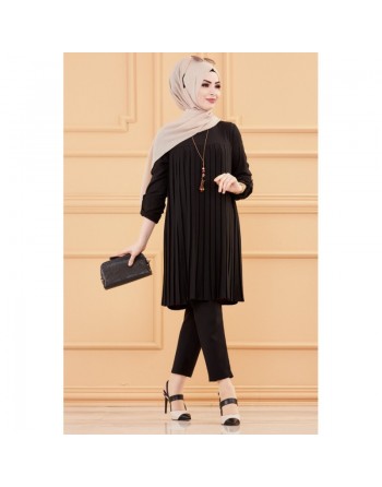 Tunique plissée style habillé pour femme (Vêtement élégant pour hijab - Nouveautés 2024) - Couleur noir 