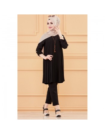 Tunique plissée style habillé pour femme (Vêtement élégant pour hijab - Nouveautés 2024) - Couleur noir 