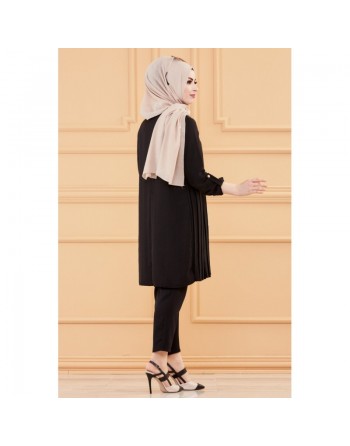 Tunique plissée style habillé pour femme (Vêtement élégant pour hijab - Nouveautés 2024) - Couleur noir 