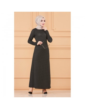 Robe longue à pois pour femme (Vêtement hijab tendance 2024) - Couleur noir 