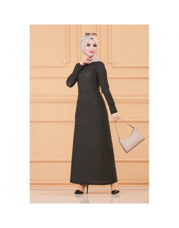 Robe longue à pois pour femme (Vêtement hijab tendance 2024) - Couleur noir 