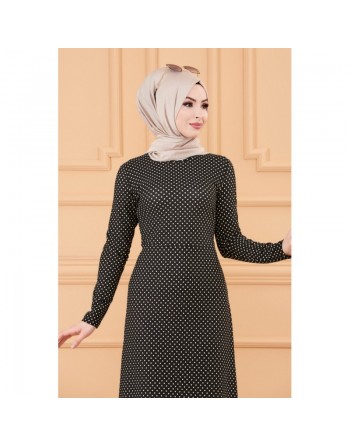 Robe longue à pois pour femme (Vêtement hijab tendance 2024) - Couleur noir 