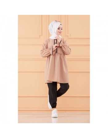 Ensemble femme (Tunique ample et pantalon) - Vêtement pour Hijab - Couleur noir et beige 