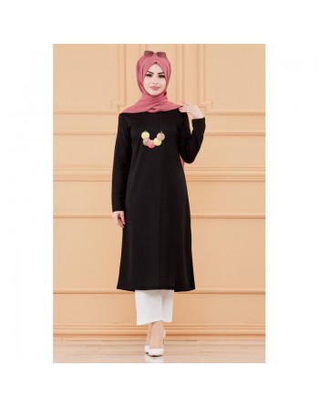 Tunique longue avec collier offert (Vetement hijab femme - Mode musulmane) - Couleur noir 