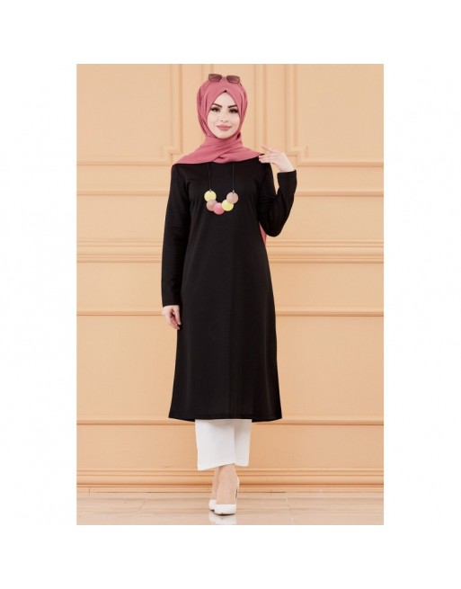 Tunique longue avec collier offert (Vetement hijab femme - Mode musulmane) - Couleur noir 