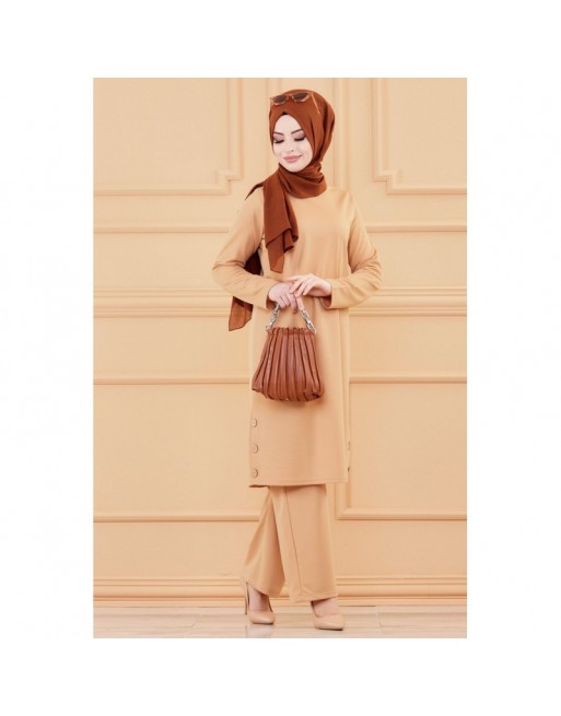 Ensemble tunique boutonnée et pantalon assorti (Vêtement femme voilée Turquie) - Couleur vison 