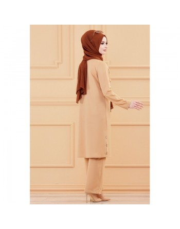 Ensemble tunique boutonnée et pantalon assorti (Vêtement femme voilée Turquie) - Couleur vison 
