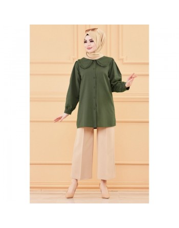 Tunique-chemise style habillé pour femme (Vêtement hijab) - Couleur kaki 