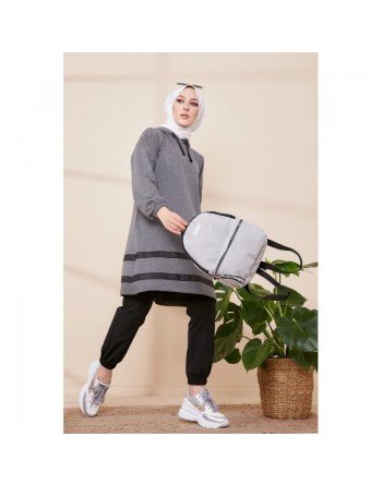 Tunique à capuche et bandes noires pour femme (Mode islamique) - Couleur gris chiné 