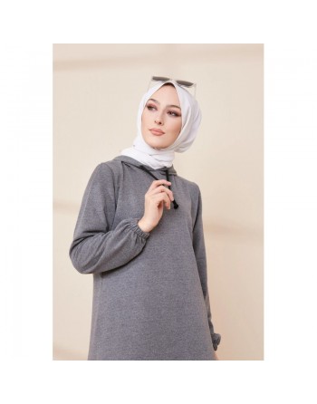 Tunique à capuche et bandes noires pour femme (Mode islamique) - Couleur gris chiné 
