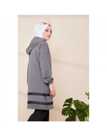 Tunique à capuche et bandes noires pour femme (Mode islamique) - Couleur gris chiné 