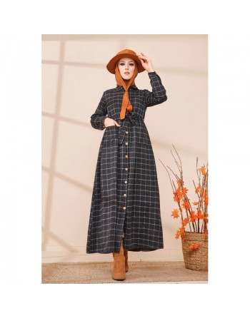 Robe chemise longue boutonnée à carreaux - Saison Automne-Hiver 2024 - Couleur anthracite 