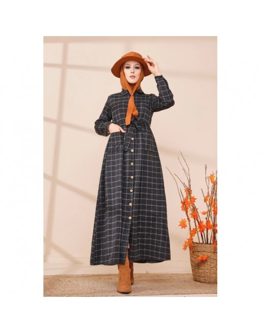 Robe chemise longue boutonnée à carreaux - Saison Automne-Hiver 2024 - Couleur anthracite Robe chemise longue boutonnée à carreaux - Saison Automne-Hiver 2024 - Couleur anthracite