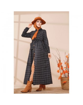 Robe chemise longue boutonnée à carreaux - Saison Automne-Hiver 2024 - Couleur anthracite 