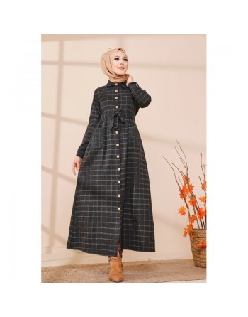 Robe chemise longue boutonnée à carreaux - Saison Automne-Hiver (Mode musulmane) - Couleur anthracite et vert 