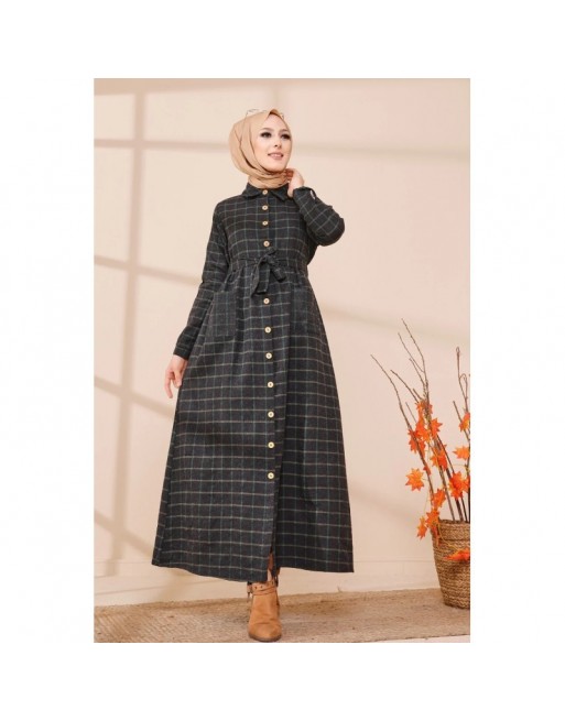 Robe chemise longue boutonnée à carreaux - Saison Automne-Hiver (Mode musulmane) - Couleur anthracite et vert Robe chemise longue boutonnée à carreaux - Saison Automne-Hiver (Mode musulmane) - Couleur anthracite et vert
