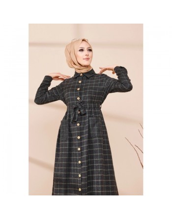 Robe chemise longue boutonnée à carreaux - Saison Automne-Hiver (Mode musulmane) - Couleur anthracite et vert 